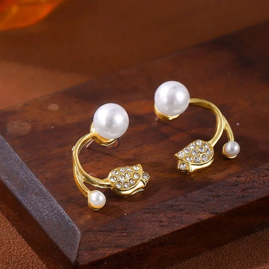 Vintage Gold Tulip Pearl Earrings-Lydieannejewelry