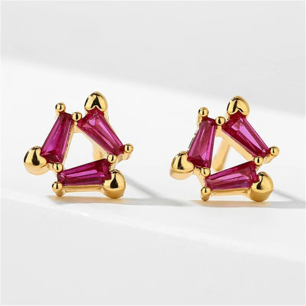 Gold Triangle Red Gem Earrings-Lydieannejewelry