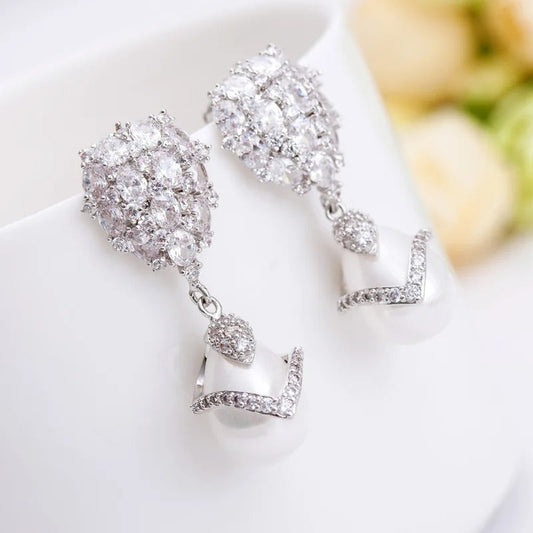 Vintage Sparkling Silver Pearl Earrings-Lydieannejewelry