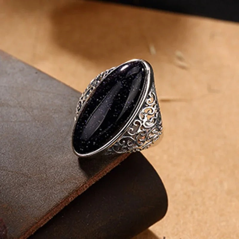 Vintage Silver Midnight Oval Stone Ring-Lydieannejewelry