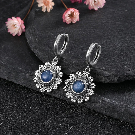 Vintage Floral Blue Drop Earrings-Lydieannejewelry