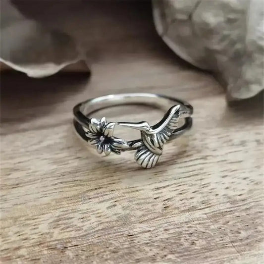 Vintage Hummingbird Flower Silver Ring-Lydieannejewelry
