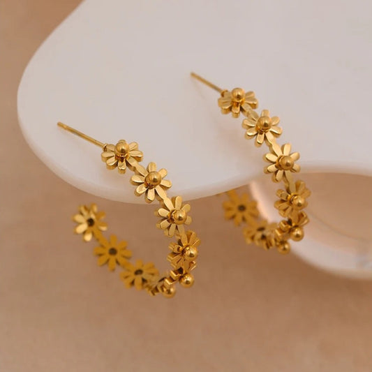 Gold Floral Charm Hoop Earrings-Lydieannejewelry