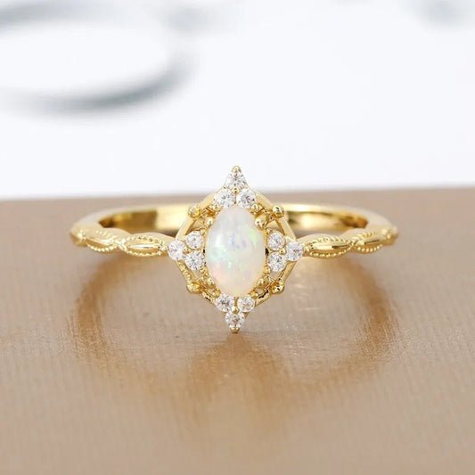 Vintage Opal Crystal Gold Adjustable Ring-Lydieannejewelry