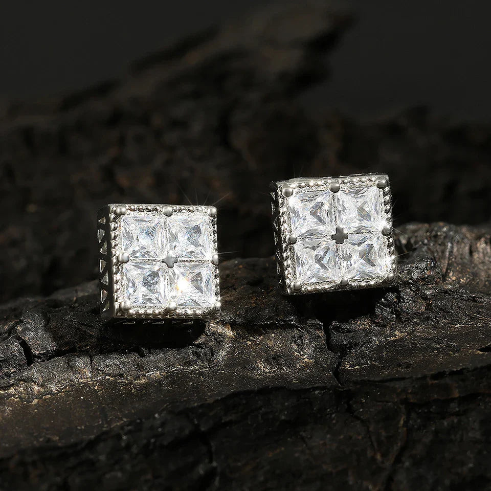 Vintage Silver Square Crystal Earrings-Lydieannejewelry