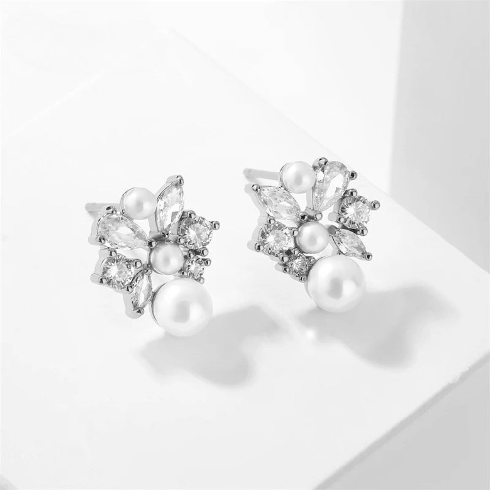 Silver Floral Pearl Stud Earrings-Lydieannejewelry