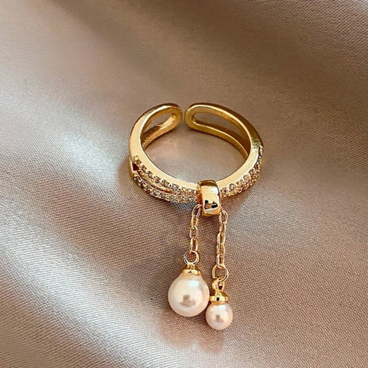 Vintage Pearl Tassel Gold Adjustable Ring-Lydieannejewelry
