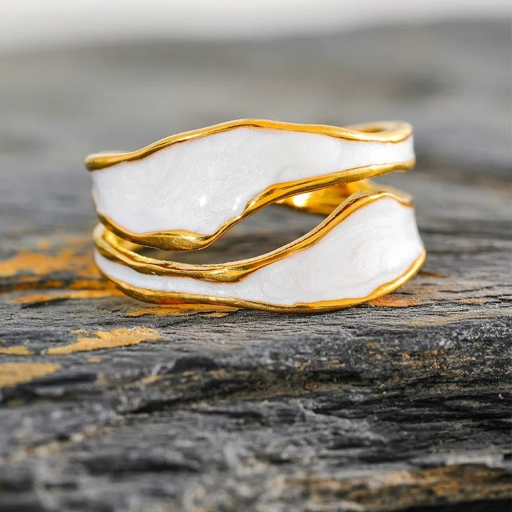 Gold White Enamel Swirl Pattern Open Ring-Lydieannejewelry