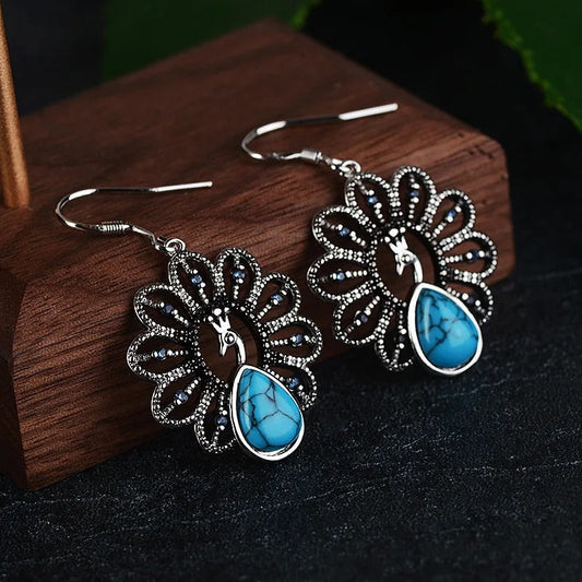 Vintage Silver Peacock Turquoise Earrings-Lydieannejewelry