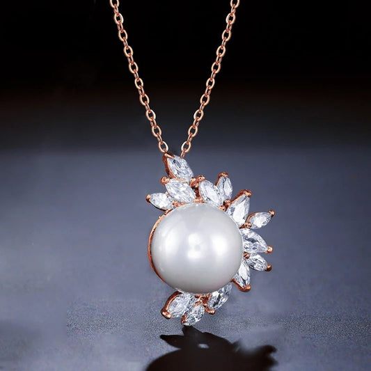 Rose Gold Pearl & Crystal Leaf Necklace-Lydieannejewelry