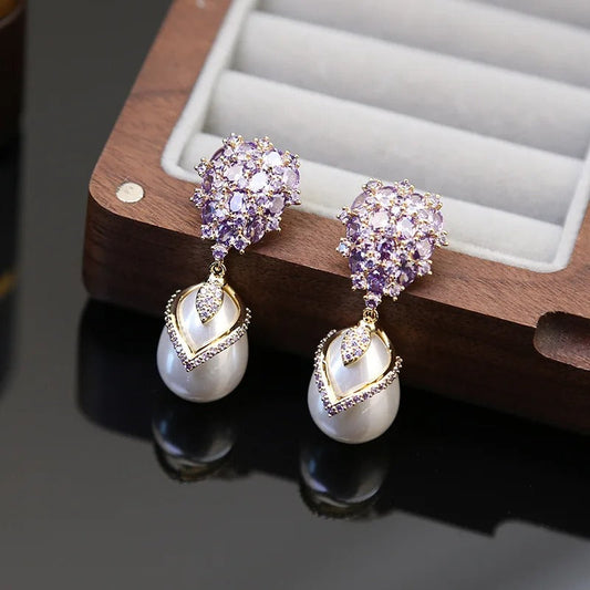 Vintage Purple Crystal & Pearl Drop Earrings-Lydieannejewelry