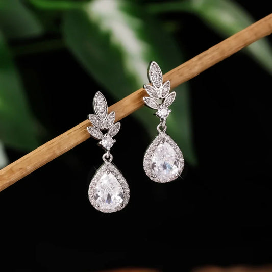 Silver Vintage Sparkle Leaf Earrings-Lydieannejewelry