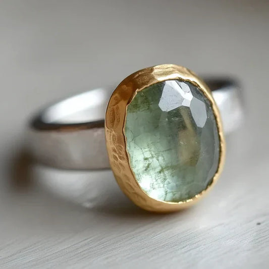 Vintage Green Stone Gold & Silver Forged Ring-Lydieannejewelry