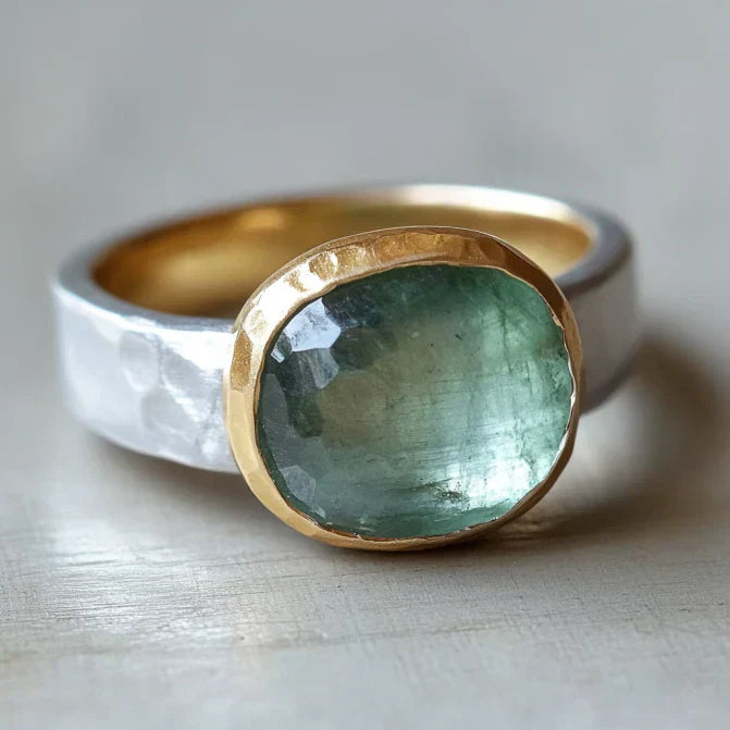Vintage Green Glass Gold & Silver Forged Ring-Lydieannejewelry